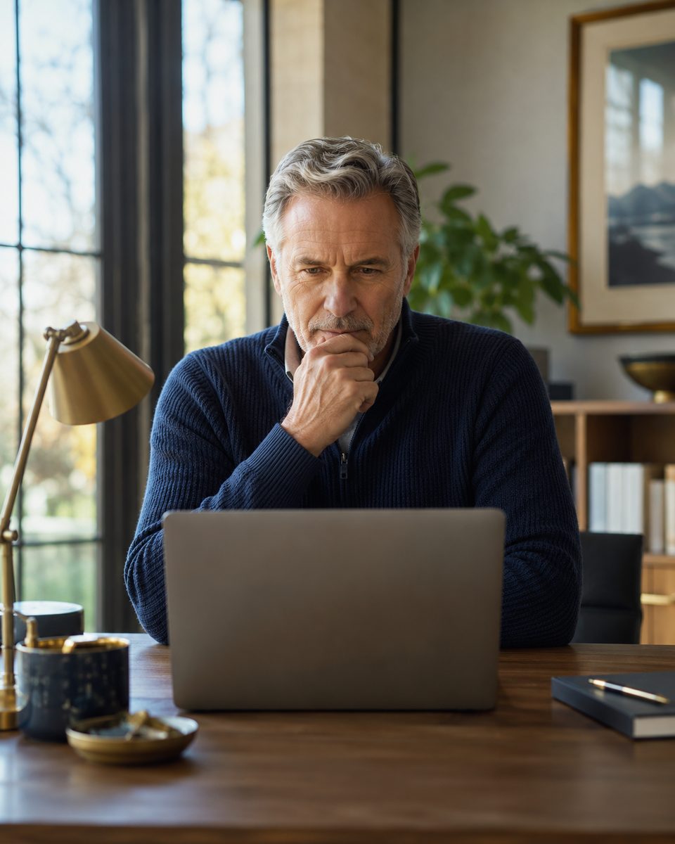A founder at his desk in a bright home office, reading an AI answer his firm is absent from