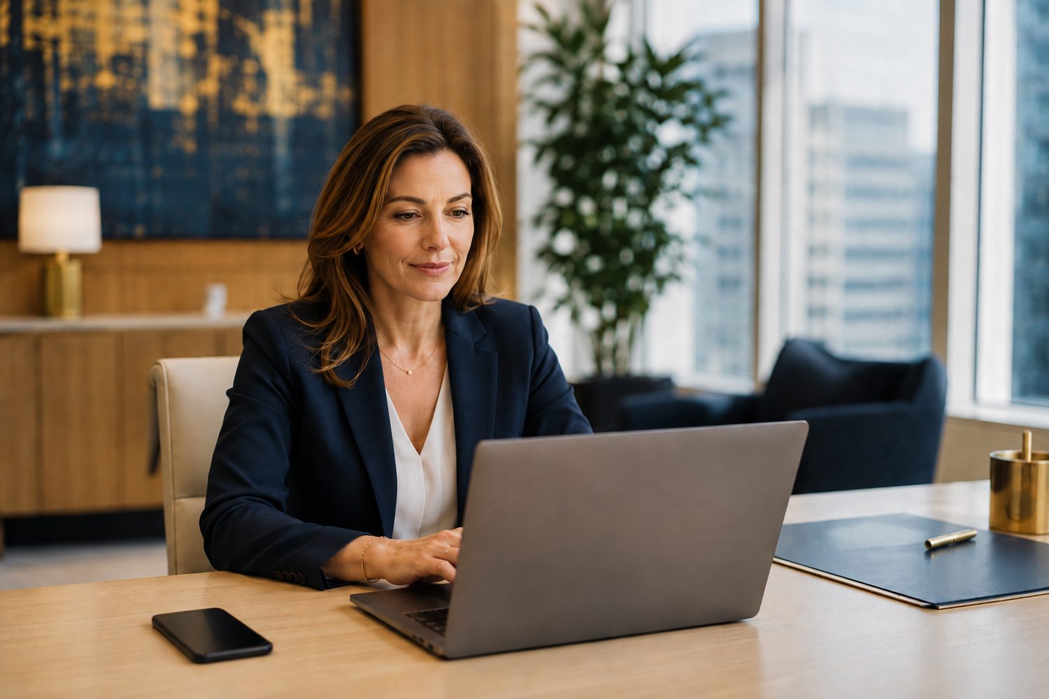 A corporate buyer at her desk in a bright office, deciding from an AI answer, phone face-down