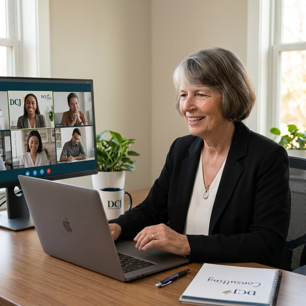 Dee Jones in a finished brand scene, on a video call with clients
